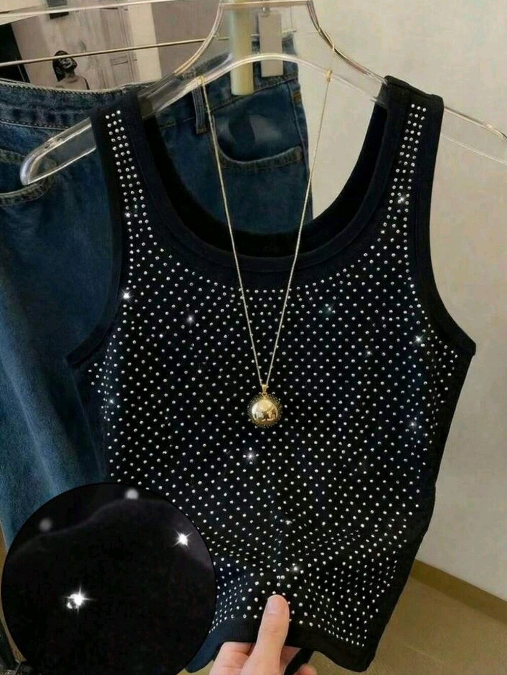 Rhinestone Embellished Minimalist Style Women's Tank Top, A Great